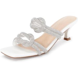 Coutgo Womens Kitten Heel Sandals Mules Rhinestone Slip on Low Heels Open Square Toe Dressy Summer Wedding Party Shoes(White)