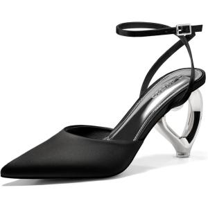 Coutgo Womens Kitten Heels Closed Pointed Toe Heart Heel Ankle Strap Satin Pumps Wedding Prom Dress Shoes(Black)