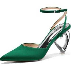 Coutgo Womens Kitten Heels Closed Pointed Toe Heart Heel Ankle Strap Satin Pumps Wedding Prom Dress Shoes(Dark Green)