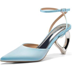 Coutgo Womens Kitten Heels Closed Pointed Toe Heart Heel Ankle Strap Satin Pumps Wedding Prom Dress Shoes(Light Blue)
