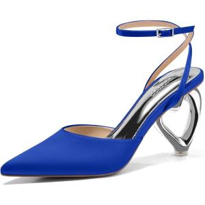 Coutgo Womens Kitten Heels Closed Pointed Toe Heart Heel Ankle Strap Satin Pumps Wedding Prom Dress Shoes(Royal Blue)