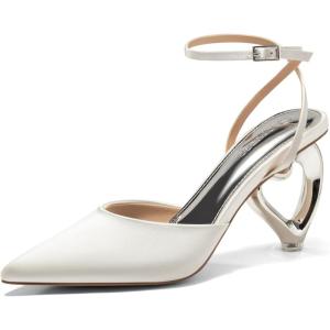 Coutgo Womens Kitten Heels Closed Pointed Toe Heart Heel Ankle Strap Satin Pumps Wedding Prom Dress Shoes(White)