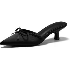Coutgo Womens Kitten Heels Mules with Bow Satin Slip on Pumps Closed Pointed Toe Dress Wedding Party Shoes(Black)