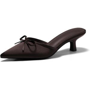 Coutgo Womens Kitten Heels Mules with Bow Satin Slip on Pumps Closed Pointed Toe Dress Wedding Party Shoes(Chocolate)