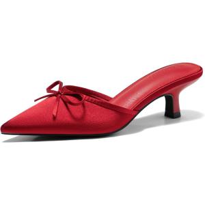 Coutgo Womens Kitten Heels Mules with Bow Satin Slip on Pumps Closed Pointed Toe Dress Wedding Party Shoes(Red)