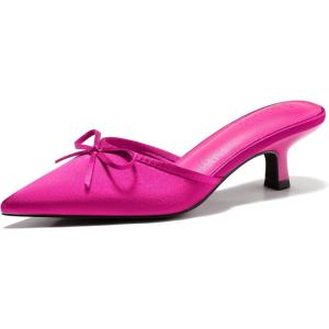 Coutgo Womens Kitten Heels Mules with Bow Satin Slip on Pumps Closed Pointed Toe Dress Wedding Party Shoes(Rose Red)