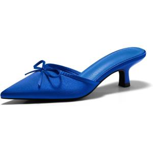 Coutgo Womens Kitten Heels Mules with Bow Satin Slip on Pumps Closed Pointed Toe Dress Wedding Party Shoes(Royal Blue)