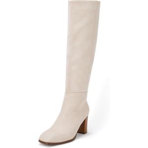 Coutgo Womens Knee High Boots Chunky Block Heels Square Toe Side Zipper Faux Suede Fall Winter Comfort Boot(Beige)