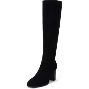 Coutgo Womens Knee High Boots Chunky Block Heels Square Toe Side Zipper Faux Suede Fall Winter Comfort Boot(Black)