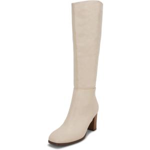 Coutgo Womens Knee High Boots Chunky Block Heels Square Toe Side Zipper Faux Suede Fall Winter Comfort Boot(Cream)
