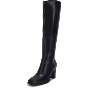 Coutgo Womens Knee High Boots Chunky Block Heels Square Toe Side Zipper Faux Suede Fall Winter Comfort Boot(Glossy Black)