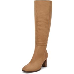Coutgo Womens Knee High Boots Chunky Block Heels Square Toe Side Zipper Faux Suede Fall Winter Comfort Boot(Khaki)