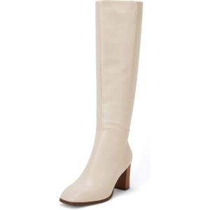 Coutgo Womens Knee High Boots Chunky Block Heels Square Toe Side Zipper Faux Suede Fall Winter Comfort Boot(Nude)
