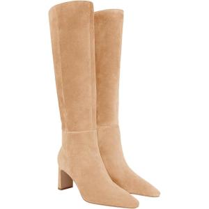 Coutgo Womens Knee High Boots Closed Pointed Toe Chunky Heel Tall Boots Side Zipper Fall Dress Boot Shoes(Khaki)
