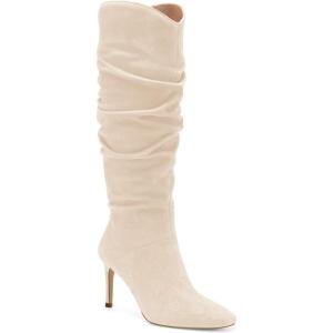 Coutgo Womens Knee High Boots Faux Suede Almond Toe Stiletto High Heel Slouchy Side Zipper Booties(Beige)