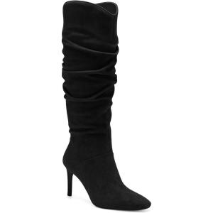Coutgo Womens Knee High Boots Faux Suede Almond Toe Stiletto High Heel Slouchy Side Zipper Booties(Black)