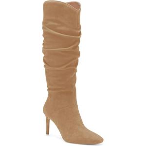 Coutgo Womens Knee High Boots Faux Suede Almond Toe Stiletto High Heel Slouchy Side Zipper Booties(Dark Khaki)