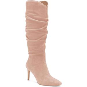 Coutgo Womens Knee High Boots Faux Suede Almond Toe Stiletto High Heel Slouchy Side Zipper Booties(Light Pink)