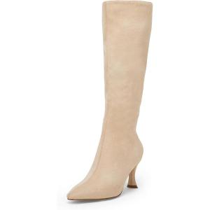 Coutgo Womens Knee High Boots Pointed Toe Kitten Heel Side Zipper Stretchy Vegan Suede Comfort Fall Winter Boot(Beige)