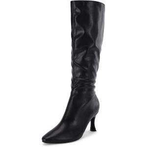 Coutgo Womens Knee High Boots Pointed Toe Kitten Heel Side Zipper Stretchy Vegan Suede Comfort Fall Winter Boot(Black)