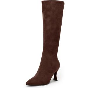 Coutgo Womens Knee High Boots Pointed Toe Kitten Heel Side Zipper Stretchy Vegan Suede Comfort Fall Winter Boot(Chocolate)