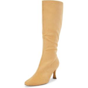 Coutgo Womens Knee High Boots Pointed Toe Kitten Heel Side Zipper Stretchy Vegan Suede Comfort Fall Winter Boot(Light Coffee)