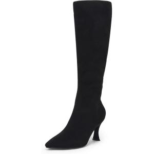 Coutgo Womens Knee High Boots Pointed Toe Kitten Heel Side Zipper Stretchy Vegan Suede Comfort Fall Winter Boot(Pure Black)
