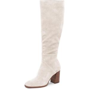 Coutgo Womens Knee High Boots Square Toe Chunky Block Heel Side Zipper Faux Suede Long Boots Fall Winter Shoes(Beige)