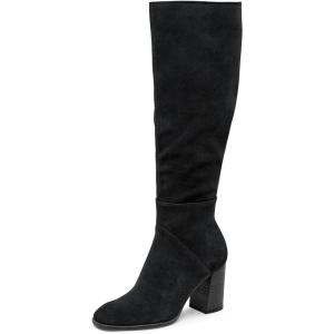 Coutgo Womens Knee High Boots Square Toe Chunky Block Heel Side Zipper Faux Suede Long Boots Fall Winter Shoes(Black)