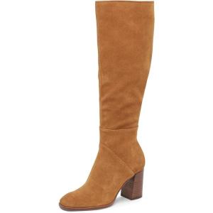 Coutgo Womens Knee High Boots Square Toe Chunky Block Heel Side Zipper Faux Suede Long Boots Fall Winter Shoes(Brown)