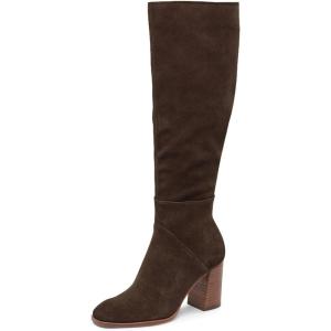 Coutgo Womens Knee High Boots Square Toe Chunky Block Heel Side Zipper Faux Suede Long Boots Fall Winter Shoes(Coffee)