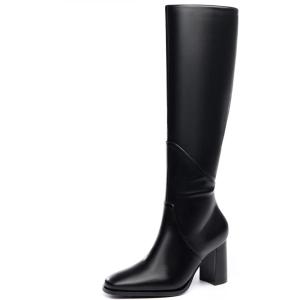 Coutgo Womens Knee High Boots Square Toe Chunky Block Heel Side Zipper Faux Suede Long Boots Fall Winter Shoes(Cool Black)
