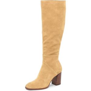 Coutgo Womens Knee High Boots Square Toe Chunky Block Heel Side Zipper Faux Suede Long Boots Fall Winter Shoes(Khaki)