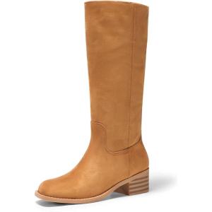 Coutgo Women’s Knee High Boots Square Toe Chunky Block Heel Tall Boots Comfortable Low Heel Shoes(Brown Suede)
