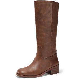 Coutgo Women’s Knee High Boots Square Toe Chunky Block Heel Tall Boots Comfortable Low Heel Shoes(Dark Brown)