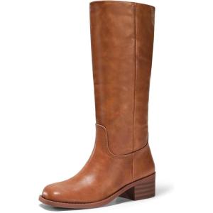Coutgo Women’s Knee High Boots Square Toe Chunky Block Heel Tall Boots Comfortable Low Heel Shoes(Red/Brown)