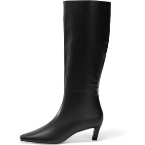 Coutgo Womens Knee High Boots Square Toe Kitten Heel Tall Boots Side Zipper Dressy Fall Shoes(Black)