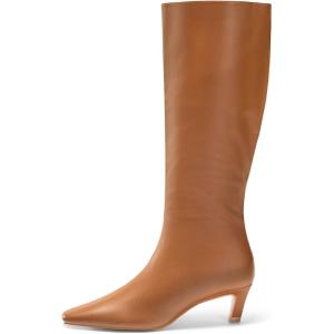 Coutgo Womens Knee High Boots Square Toe Kitten Heel Tall Boots Side Zipper Dressy Fall Shoes(Brown)