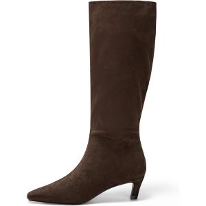 Coutgo Womens Knee High Boots Square Toe Kitten Heel Tall Boots Side Zipper Dressy Fall Shoes(Chocolate Suede)
