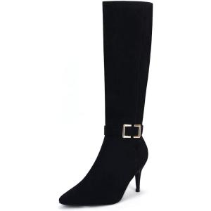 Coutgo Womens Knee High Boots Stiletto Heels Suede Pointed Toe Wide Calf Metal Buckle Side Zipper Winter Boots(Black)