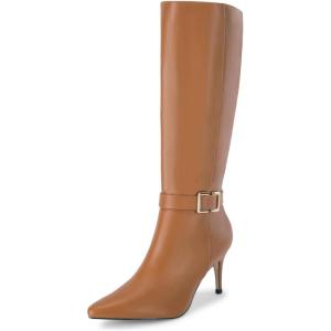Coutgo Womens Knee High Boots Stiletto Heels Suede Pointed Toe Wide Calf Metal Buckle Side Zipper Winter Boots(Brown)