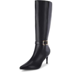 Coutgo Womens Knee High Boots Stiletto Heels Suede Pointed Toe Wide Calf Metal Buckle Side Zipper Winter Boots(Cool Black)