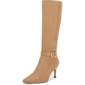 Coutgo Womens Knee High Boots Stiletto Heels Suede Pointed Toe Wide Calf Metal Buckle Side Zipper Winter Boots(Khaki)