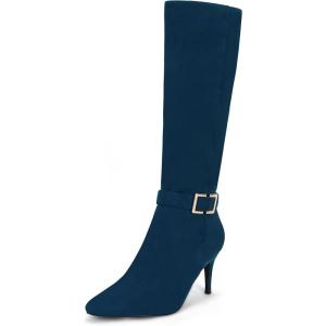 Coutgo Womens Knee High Boots Stiletto Heels Suede Pointed Toe Wide Calf Metal Buckle Side Zipper Winter Boots(Navy)