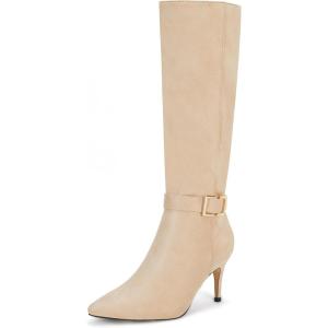 Coutgo Womens Knee High Boots Stiletto Heels Suede Pointed Toe Wide Calf Metal Buckle Side Zipper Winter Boots(Nude)