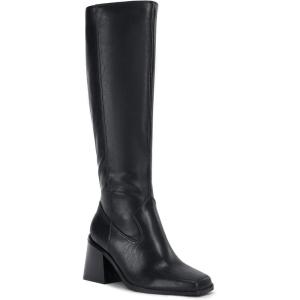 Coutgo Women’s Knee High Boots Wide Calf Square Toe Chunky Heeled Pull-on Boot(Black)