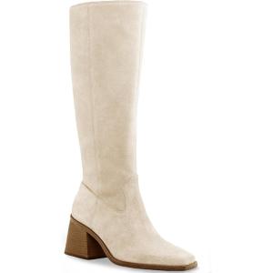 Coutgo Women’s Knee High Boots Wide Calf Square Toe Chunky Heeled Pull-on Boot(Suede Beige)