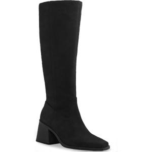 Coutgo Women’s Knee High Boots Wide Calf Square Toe Chunky Heeled Pull-on Boot(Suede Black)