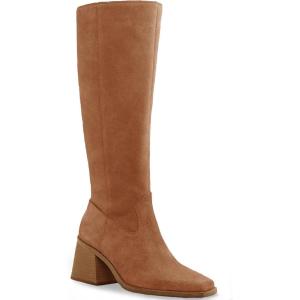 Coutgo Women’s Knee High Boots Wide Calf Square Toe Chunky Heeled Pull-on Boot(Suede Brown)