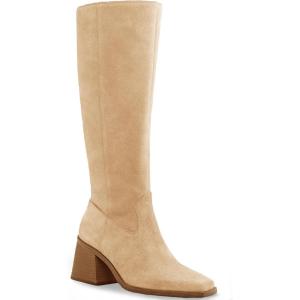 Coutgo Women’s Knee High Boots Wide Calf Square Toe Chunky Heeled Pull-on Boot(Suede Khaki)
